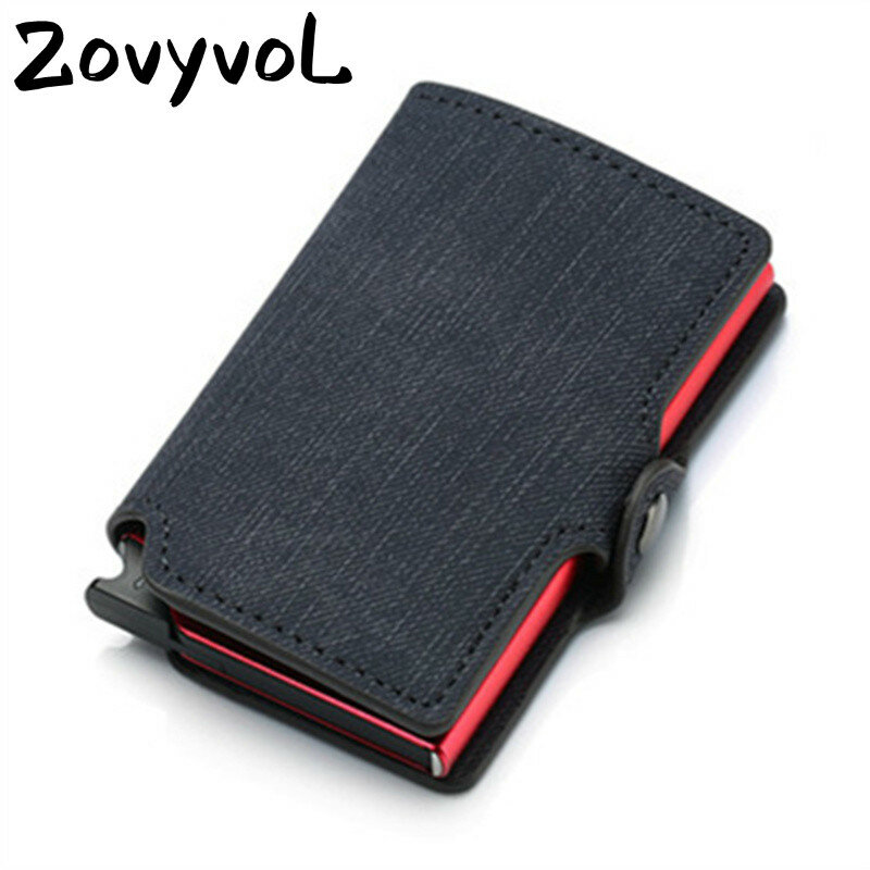 Zovyvol-tarjetero con bloqueo RFID para hombre, billetera de cuero con cierre para tarjetas de crédito, con nombre personalizado, caja de aluminio