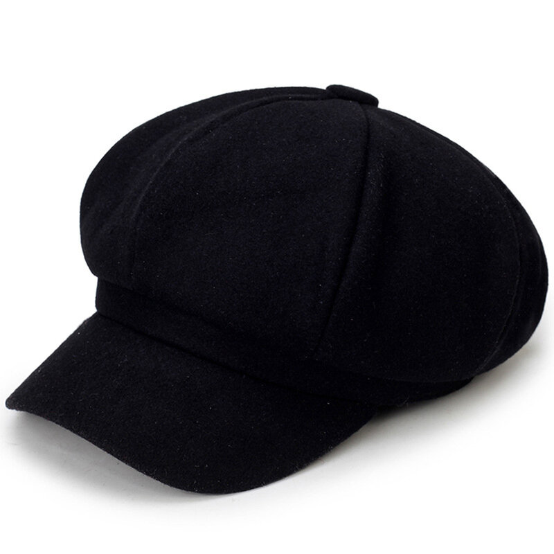 Chapéu octagonal de feltro vintage, chapéu protetor feminino de inverno, boné preto de cor literária, acessórios de chapéu para lazer