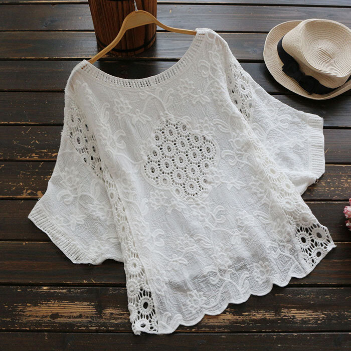 Female 2018 crop top boho summer white blouse women hollow out blusas Cotton Crochet shirt oversize Batwing sleeve tops camisas
