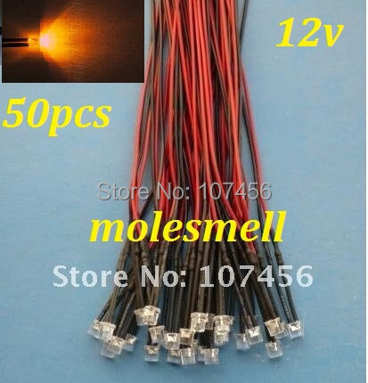Gratis Pengiriman 50 Buah Set Lampu LED Oranye Flat Top 5Mm Pra-kabel 5Mm 12V DC Kabel 5Mm 12V Sudut Besar/Lebar Led Oranye