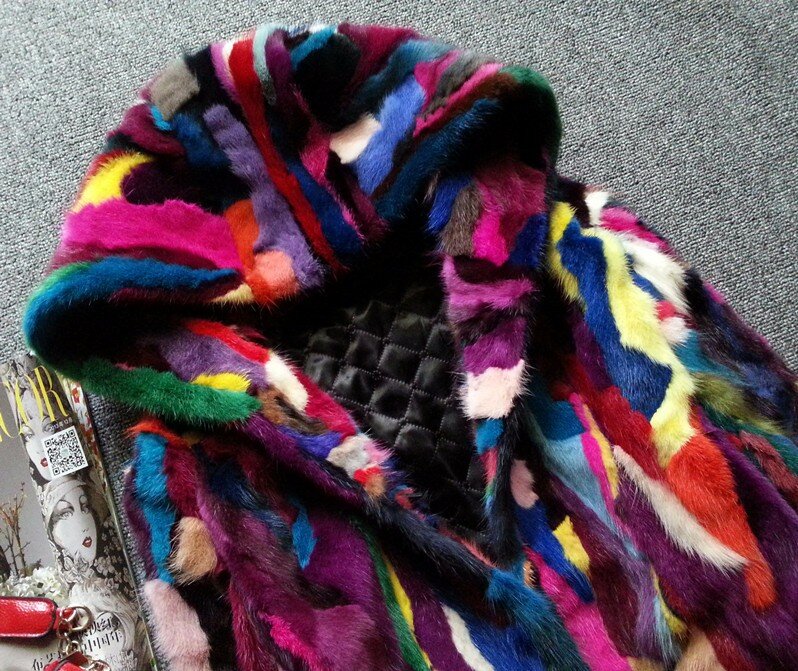 Vison genuíno, moda feminina, multicolorido, casaco colorido, com capuz, frete grátis
