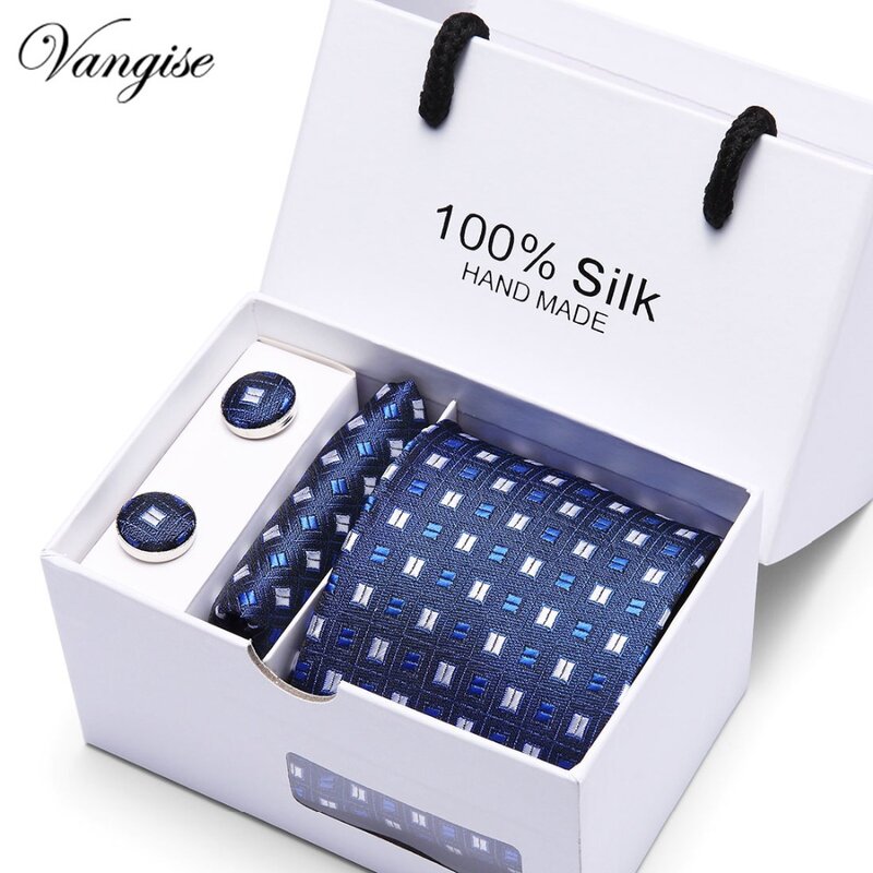 Drop shipping Men`s Tie 100% Silk Blue Plaid print Jacquard Woven Tie+Hanky+Cufflinks Sets For Formal Wedding Business Party