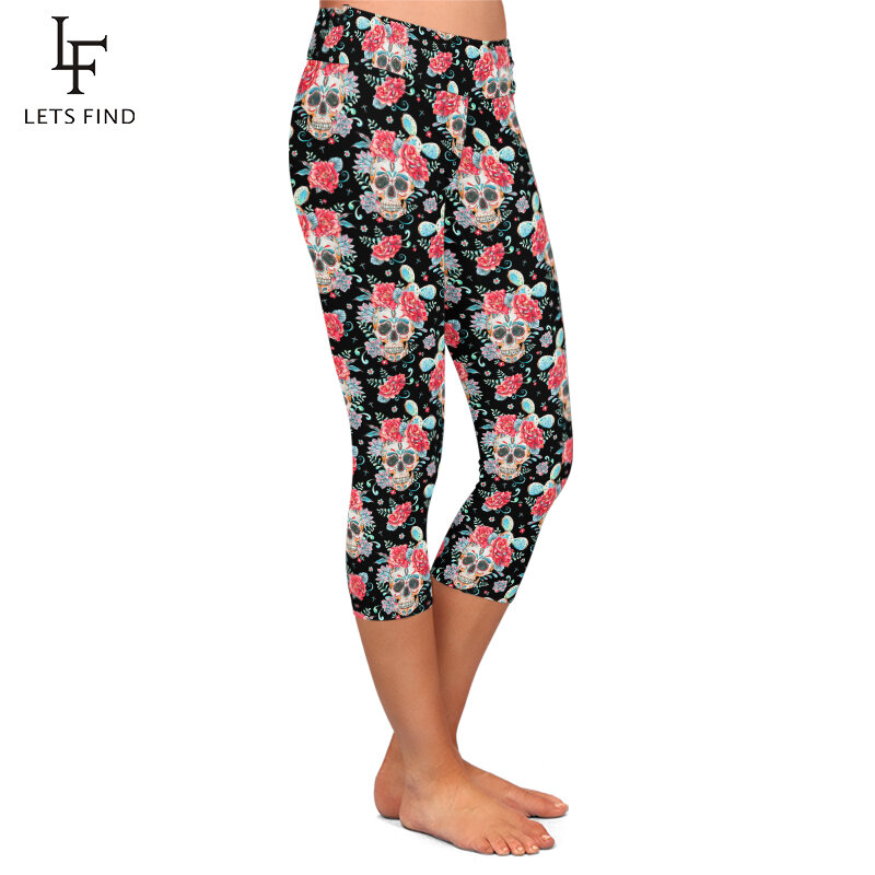 LETSFIND-Leggings sexys con estampado de calavera y flores para mujer, Leggings Capri de cintura alta, elásticos, para Fitness, a media pantorrilla, 3/4