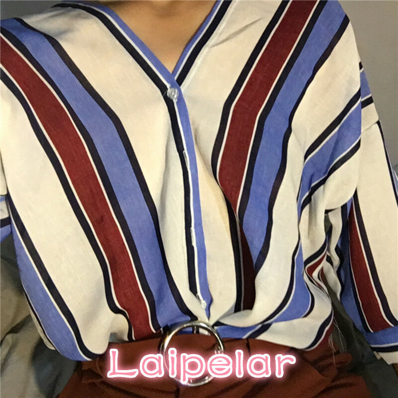 Laipelar 2019 summer fashion women loose shirts casual V neck stripes print bat sleeves blouses 3/4 sleeved tops