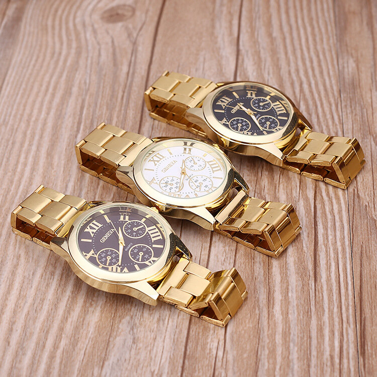 Relógio de quartzo casual genebra para mulheres, 3 olhos, aço inoxidável, relógios de vestido, relógio feminino, nova marca, venda quente, ouro, 2024