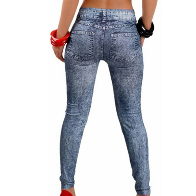 Leggings slim de fitness feminina com bolso, jeans azul, calça jeans