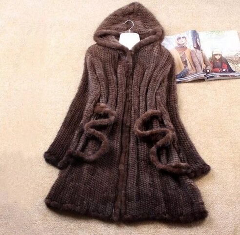 Manteau d'hiver en fourrure de vison véritable pour femme, veste longue tricotée à la main avec ceinture à capuche