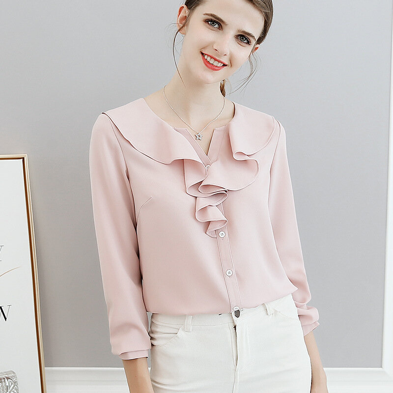 Spring Summer Chiffon Women Shirt Office Ladies Pure Color Long Sleeves Thin Casual Blouse Female New Korean Fashion Top H9078