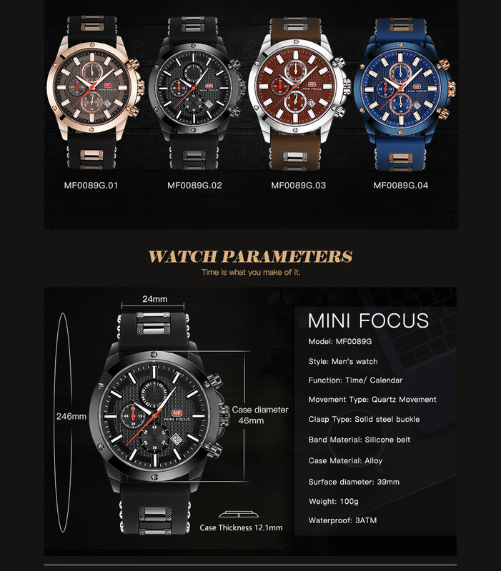 MINIFOCUS Military Casual Watch Men Quartz Clock Waterproof Chic Chronograph Calendar Rubber Strap Mens Watches Top Brand Luxury