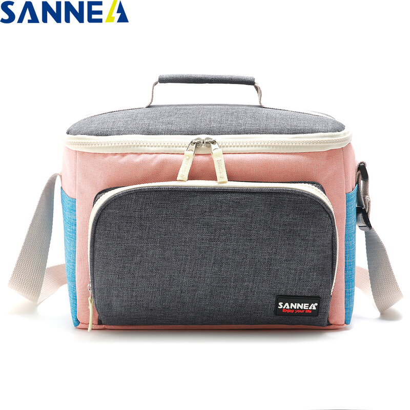 SANNE 9L New Polyester Oxford Thickening Insulated Cooler Bag Front With a Pocket Portable Shoulder Strap PEVA Inner Lunch Bag