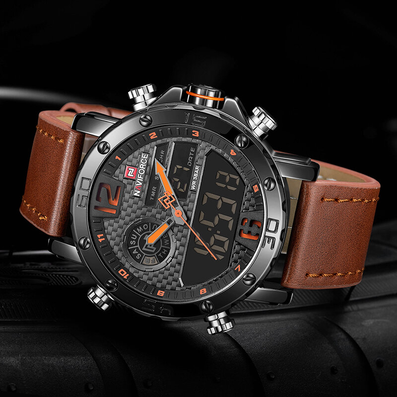Mens Watches Top Brand Luxury Men Leather Sport Watches NAVIFORCE Men's Quartz LED Digital Clock Waterproof Military Wrist Watch