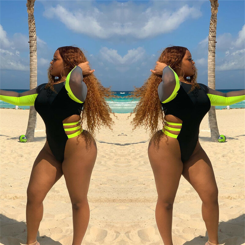 BKLD body a maniche lunghe a vita alta donna o-collo Mesh Patchwork Bandage body Bodycon Summer Beach tuta Sexy 2019 donna