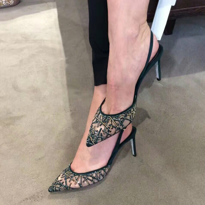 Kmeioo Sexy Lace Wedding Shoes Woman Pointed Toe High Heels Buck Strap Sandals String Bead Thin Heel Slingback Stiletto Evening