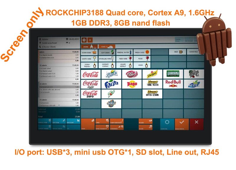 14 inch cảm ứng đám mây pos màn hình (Android 4.4 Kitkat, 1920*1080, Rockchip3188 Quad core, 1 GB DDR3, 8 GB nand, RJ45, USB * 3, mini usb)
