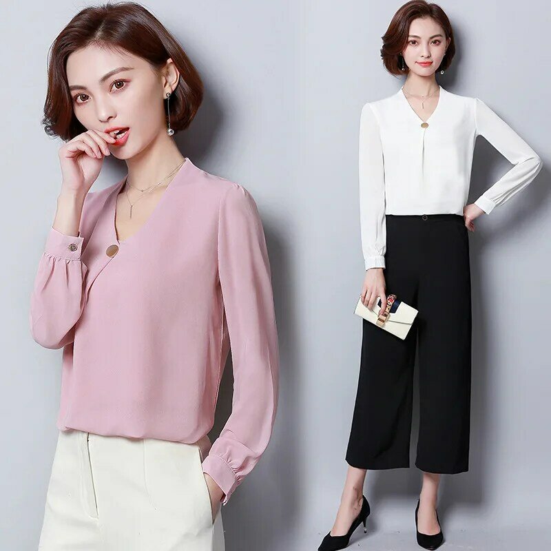 Spring Autumn Chiffon Shirt Large Size Lady Long Sleeve V-collar Pure Color Blouses Women Loose Fashion Bottom Shirts Top H9040