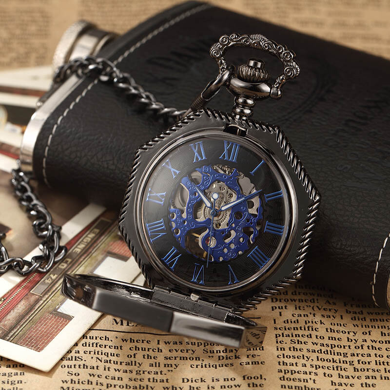 ゴールデンシルバーの六角形の機械式懐中時計,ブロンズ,ケース付きチェーン,男性と女性のためのヴィンテージギフト