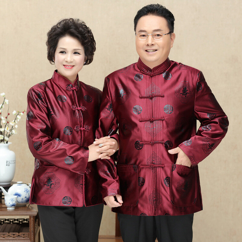 Autumn Long Sleeve Elderly Couples Men Tang Suit Women Men Chinese Traditional Tops Lady Ancient Birthday New Year Tang Uniform