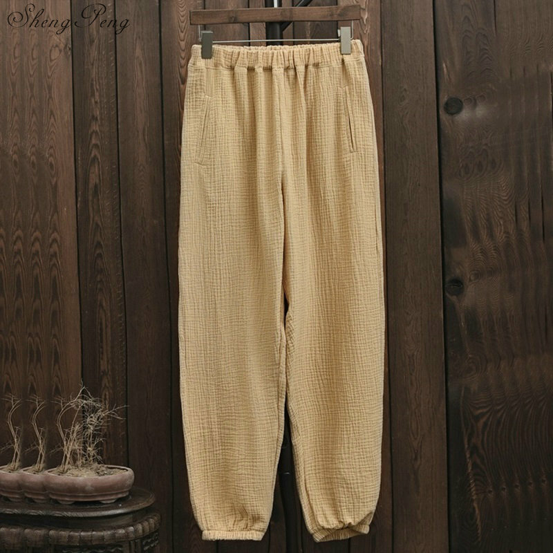 Pantalones bombachos de lino y algodón con cintura elástica para mujer, pantalón informal liso, diseño novedoso, Q799