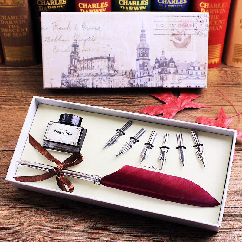 Bulu berwarna Vintage kualitas tinggi pena Quill Dip tinta menulis Set alat tulis kotak hadiah dengan 6 ujung kaligrafi pulpen