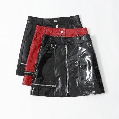 Tao Ting Li Na Sheepskin Patent Leather High Waist Skirt