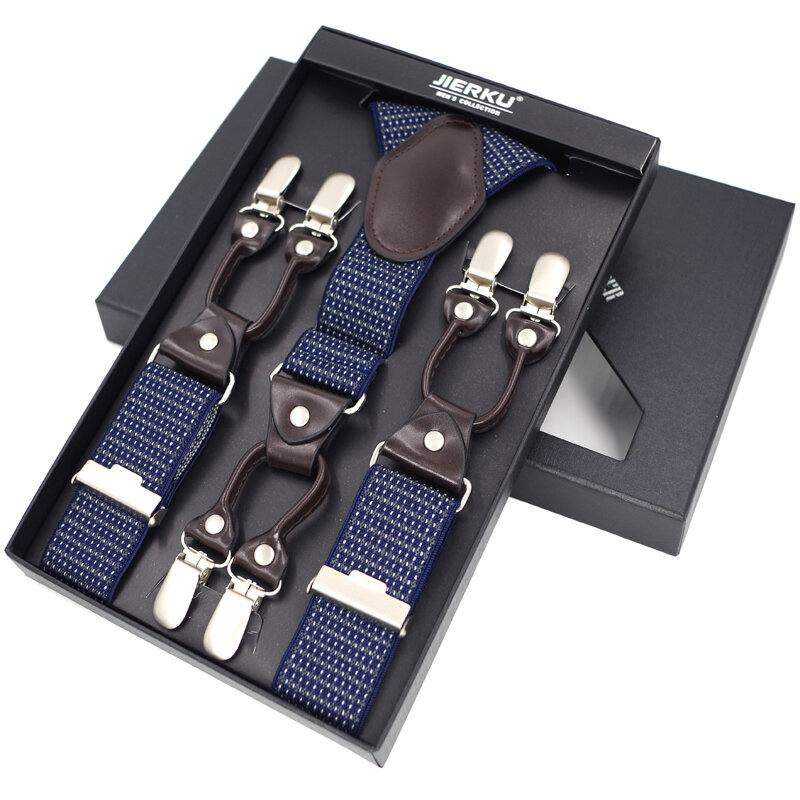Suspensorio JIERKU Braces Suspender 6 Klip Manusia Baru Fashion Celana Tali Ayah/Suami Hadiah dengan Kotak Warna 3.5*120 cm