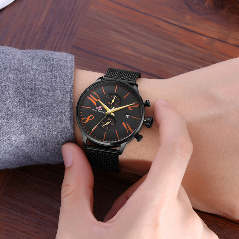 Minifocus relógio masculino de quartzo, relógio esportivo de malha de aço inoxidável multifuncional cronógrafo