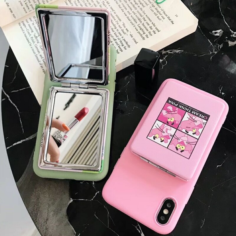 Cute Pink Panther Flamingo Patterned Makeup Mirror Phone Case For iPhone 6 6s 7 Plus X XS MAX XR TPU & Acrylic Hard Flip Cover