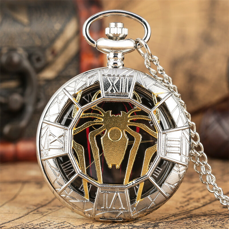 Ouro oco aranha design quartzo bolso relógio de prata metade caçador pingente colar relógio melhor presentes meninos das mulheres dos homens novo 2019
