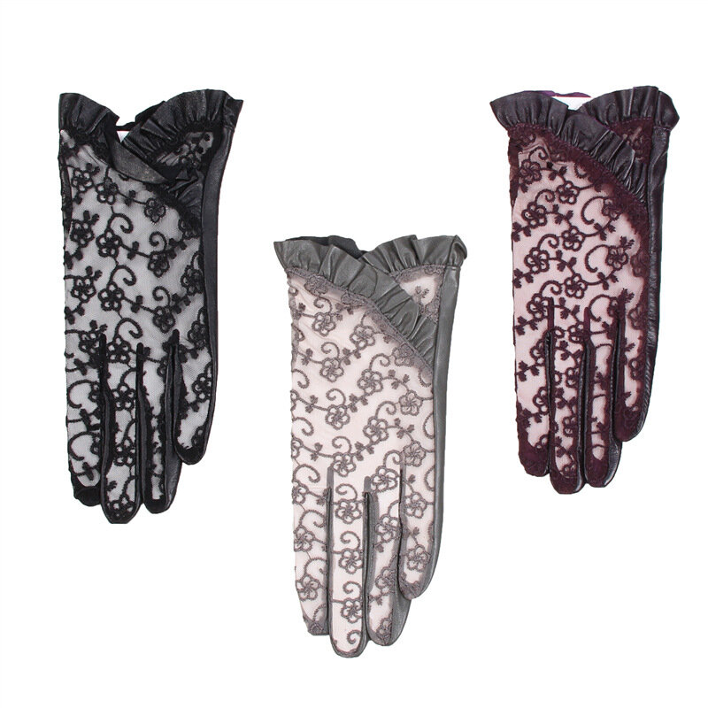 Wiosna jesień nowy Lace skórzane rękawiczki damskie jazdy na zewnątrz lato ochrony przeciwsłonecznej cienki ekran dotykowy rękawice z owczej skóry NS111-5