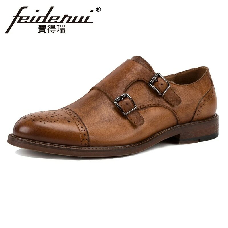 KUD39-zapatos planos de cuero genuino para hombre, calzado Formal con doble correa de monje, punta redonda, hecho a mano