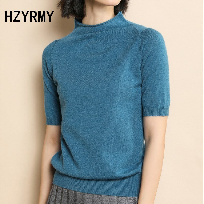 HZYRMY primavera novedad de verano suéter de cachemira para mujer de manga corta vogue Color sólido cuello redondo de lana suéter de punto camisa de alta calidad