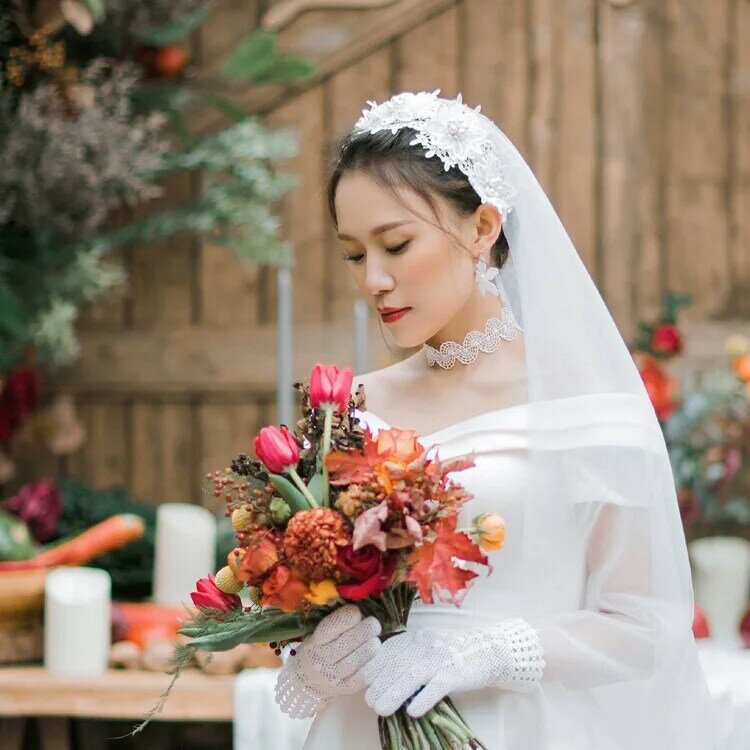 Janevini véu de noiva vintage, véu de noiva branco/marfim, apliques de duas camadas, cotovelo frisado, comprimento macio, tule, acessórios para casamento feminino