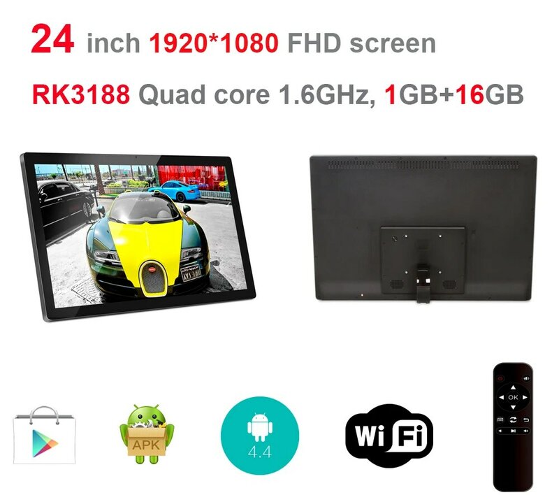 Affichage numérique Android 24 pouces avec télécommande (pas de contact, pas d'appareil photo, Quad core, 1.6Ghz, 1GB DDR3, 16GB nand flash, BT)