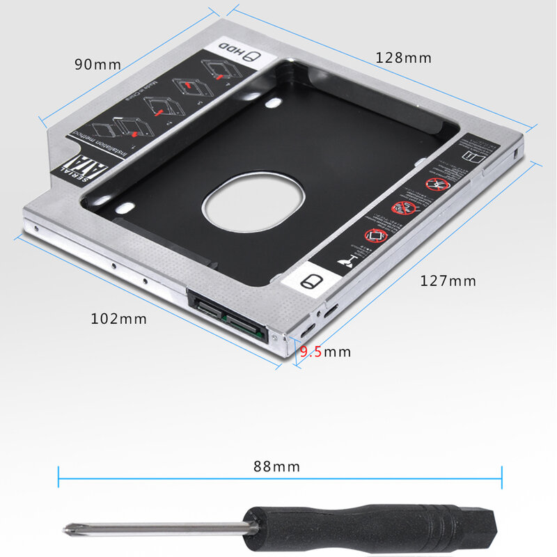 2-й HDD Caddy SATA 3,0 к SATA 2,5 "чехол для SSD, HDD 9,5 мм Универсальный алюминиевый металлический материал для ноутбука ODD CD-ROM DVD-ROM OptiBay
