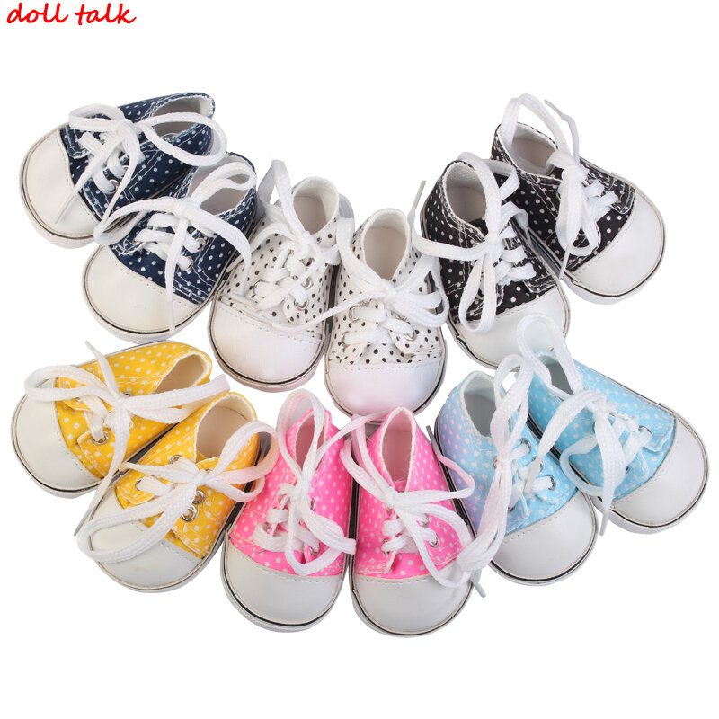 Doll Shoes For 43 cm Baby Doll Spotted Lace 7cm Canvas Denim Sneakers Shoes For American Doll Fit Russian handmade Doll Toy