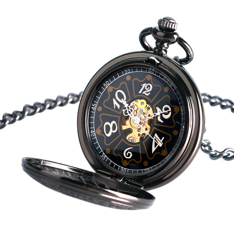 Reloj de bolsillo negro con patrón de corona de viento de mano, reloj de bolsillo de hora caliente, serie de TV Supernatural Fob, pentagrama mecánico, Steampunk, regalo de Navidad