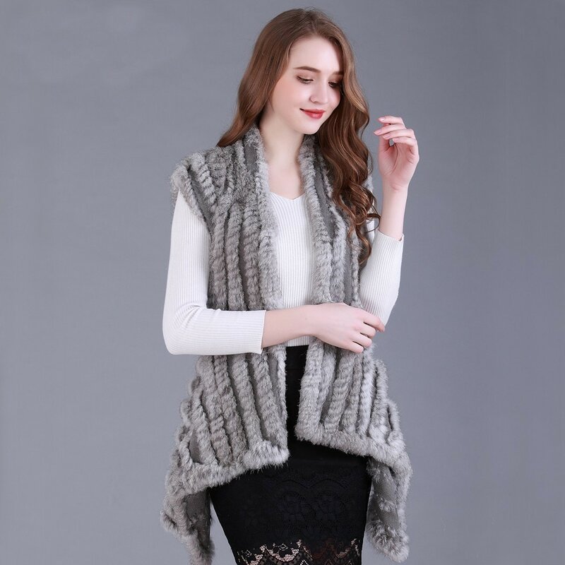 FXFURS-Chaleco de punto de piel de conejo para mujer, suéter con cinturón, venta al por mayor, novedad de 2020