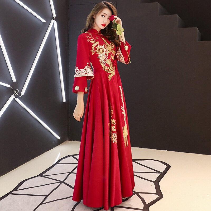 Vestido chinês longo com bordado tradicional, vestido chinês qipao oriental, vestido de festa clássico