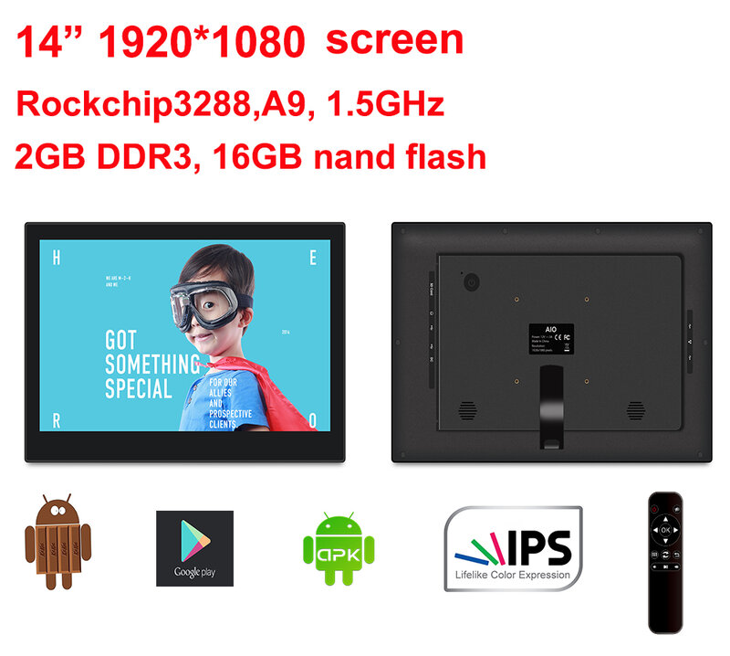 Pantalla de señalización Digital Android de 14 pulgadas (sin contacto, cuatro núcleos, 1,8 Ghz, 2GB DDR3, 16GB nand, IPS1920 * 1080, Bluetooth, 100x100mm VESA)