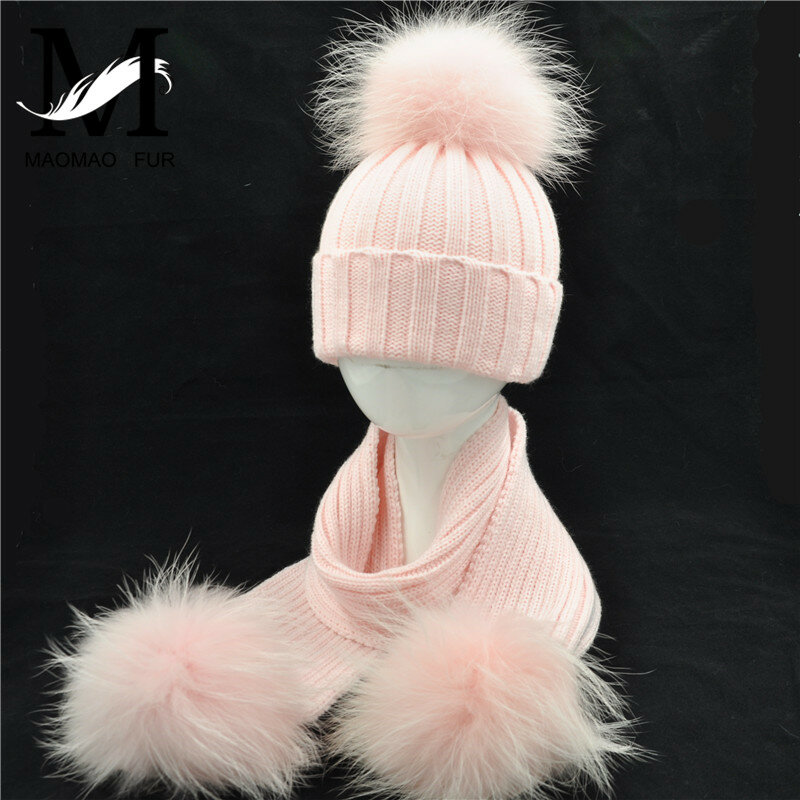 Jxwatcher Set topi dan syal anak, syal topi beanie mode rajut PomPom bulu rakun asli musim dingin kualitas tinggi
