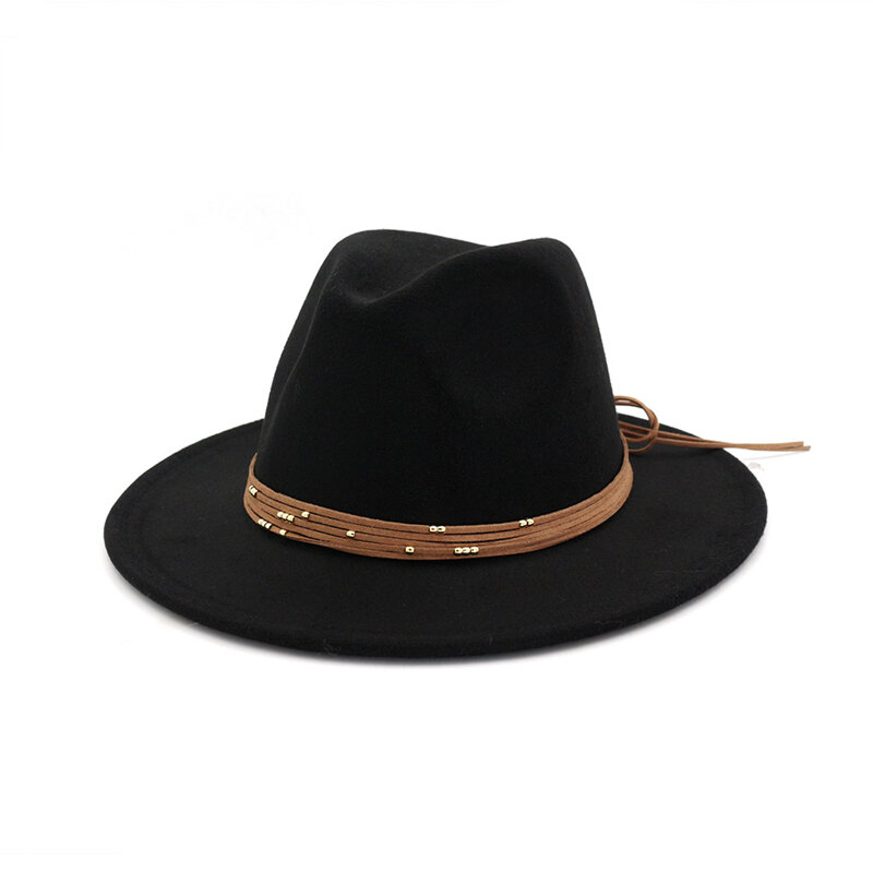 QIUBOSS Vintage Retro Plain Dyed Wool Felt Black Women's Hats Flat Brim Fedora Hat Wholesale Classic Unisex Jazz Trilby QB08