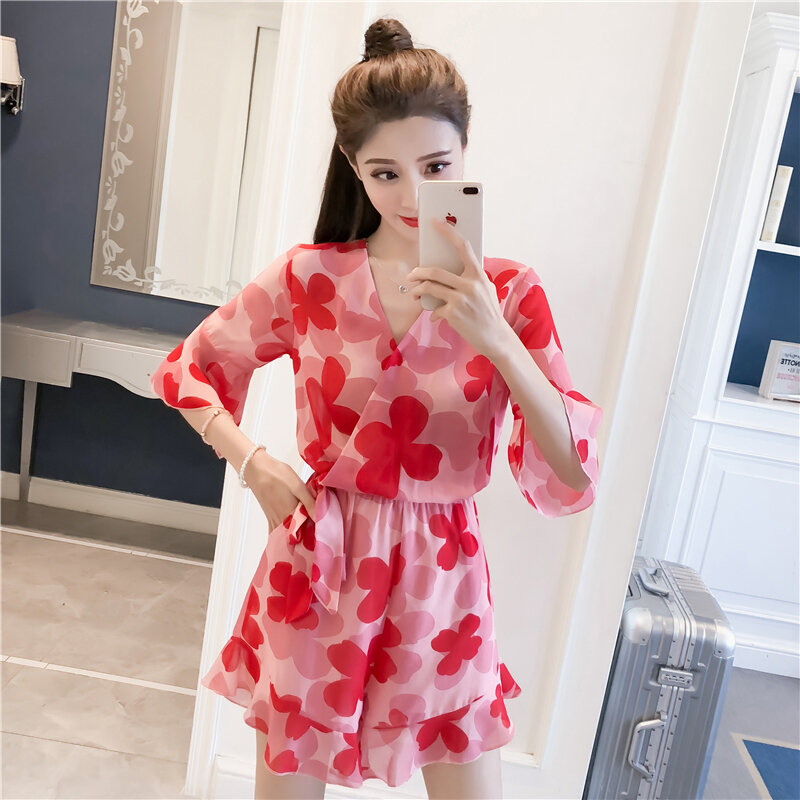 Women Rompers Casual Shorts Pants Overalls Short Sleeve V Neck Floral Playsuits Summer Beach Chiffon Ruffle Jumpsuits DD1932