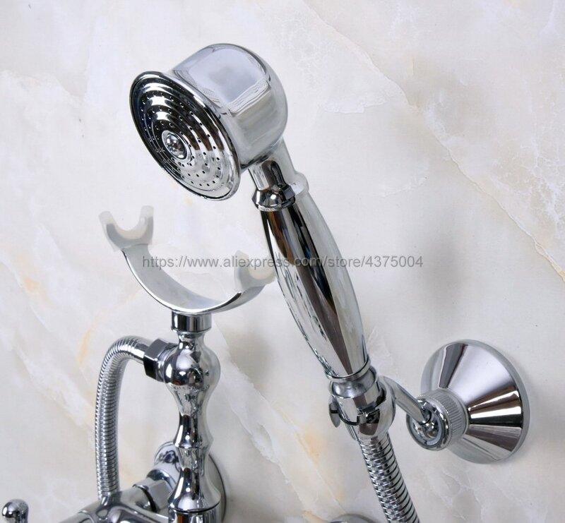 Grifo de bañera montado en la pared, mezclador de cromo pulido de doble Mango, grifos de ducha de baño con ducha de mano, Nna225