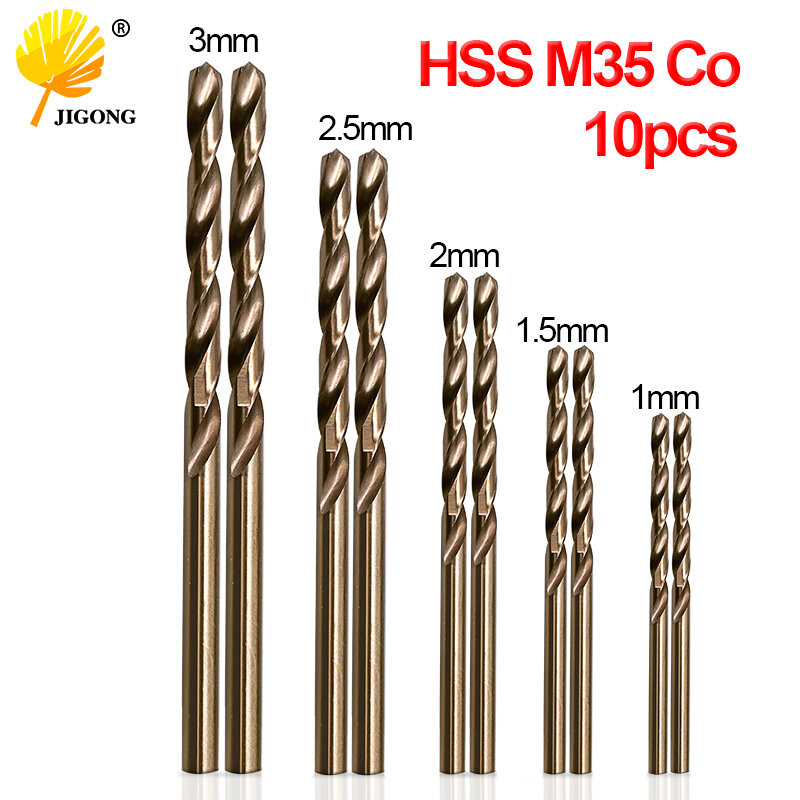 JIGONG-Twist Conjunto de brocas, HSS, M35 Co, Usado para aço, aço inoxidável, 1mm, 1.5mm, 2mm, 2.5mm, 3mm, 10 peças por conjunto