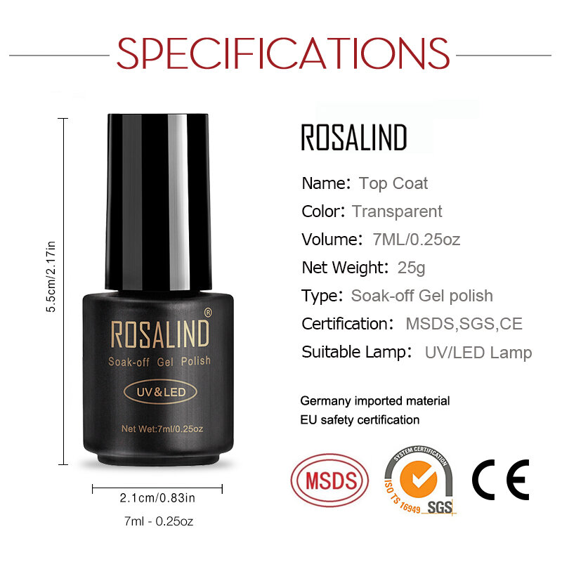 ROSALIND-طلاء أظافر جل شفاف للأشعة فوق البنفسجية LED ، يدوم طويلاً ، 7 مللي ، طبقة أساسية ، حماية سطح الأظافر