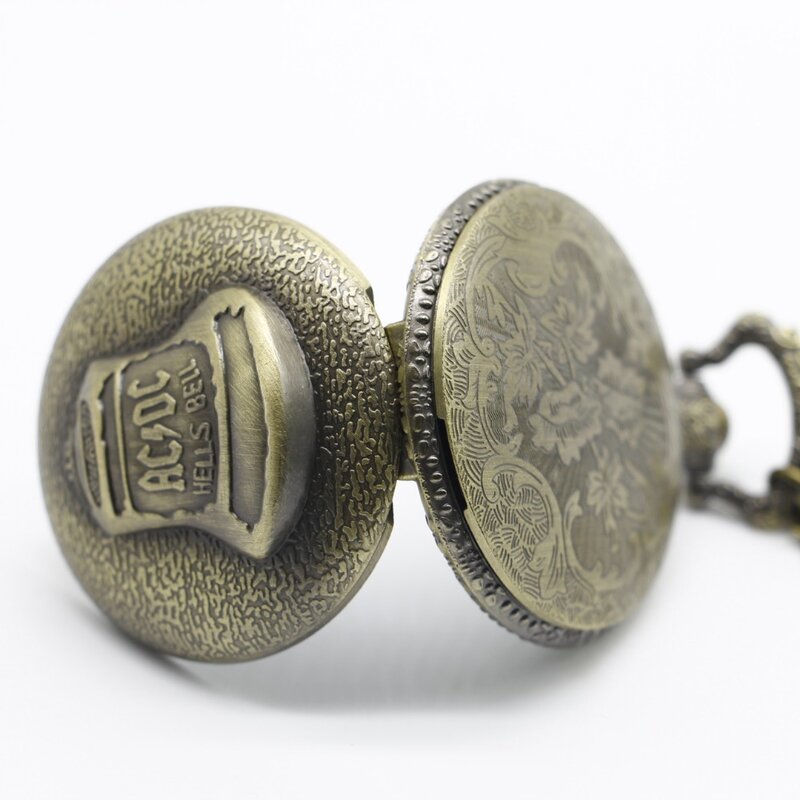 Reloj de bolsillo de bronce para hombres y niños, colgante de collar de cuarzo con tema de campana, Vintage, ACDC
