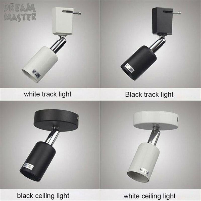 Lâmpada de luz moderna e27 para pista, lâmpada de iluminação com rotação para loja, shopping, lâmpada de iluminação, ponto preto branco, lâmpada de teto