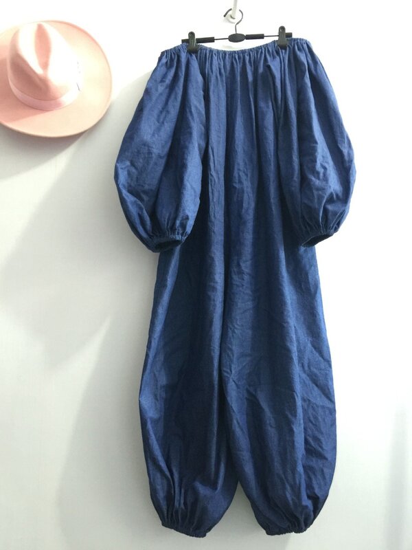 2018 female new summer and autumn plus size fashion puff sleeve bloomer solid color denim loose jumpsuit