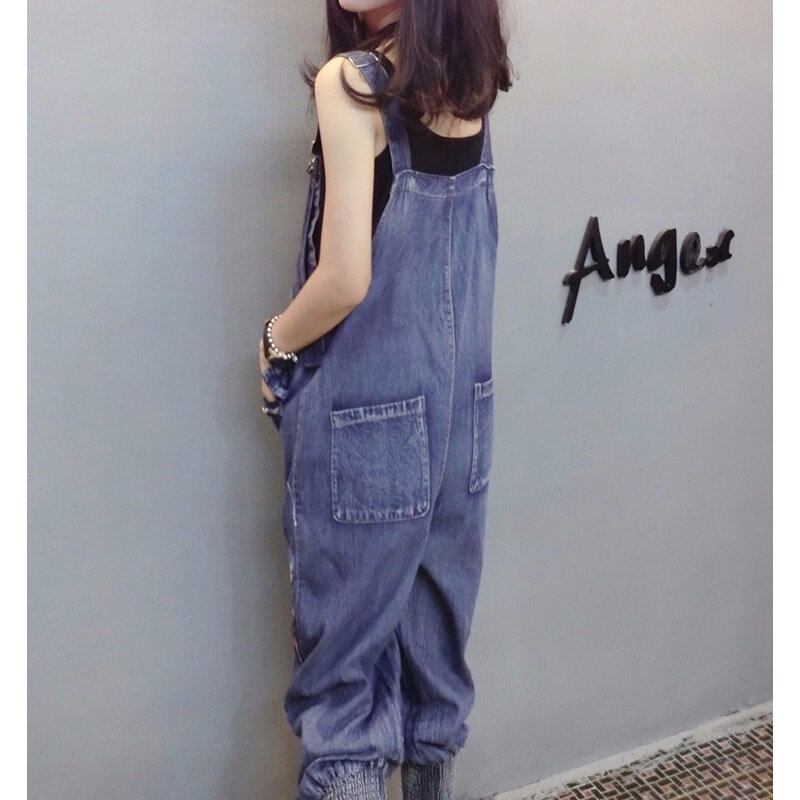 Macacão jeans para mulheres, macacão jeans solto, estilo harajuku, casual, com buraco e bolso, tamanho grande, 2019