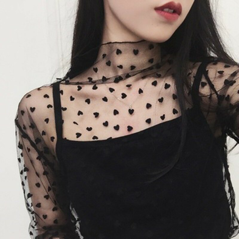 Tops de manga larga de malla para mujer, camisetas de encaje negro de cuello alto transparente Sexy, camiseta Punk Chic para mujer